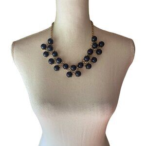 Talbots Dark Navy Blue Gold Rhinestone chunky collar statement necklace 21"